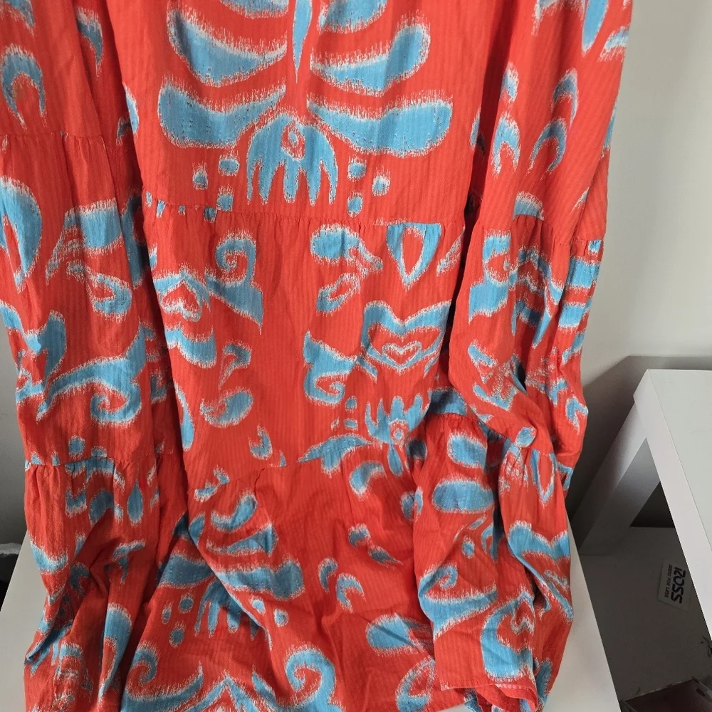 NWT Crown & Ivy One Shoulder Tie Maxi Sundress XL Orange Blue Ikat Print Pockets